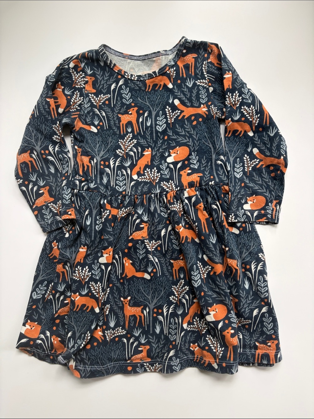 Winter Water Factory 
 Navy Forest Fox Print Long Sleeve Casual Dress